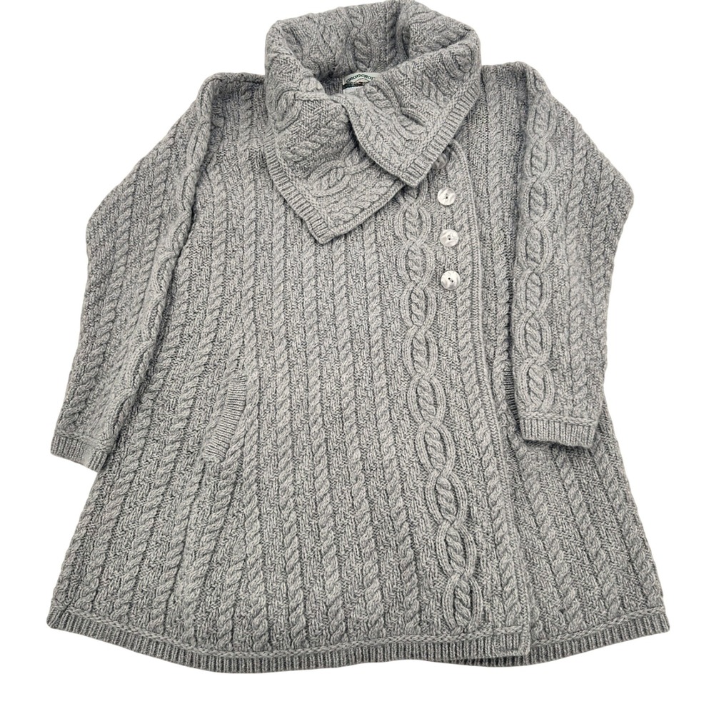 Vintage Aran Crafts Cardigan Womens L Gray Merino Wool Cable Knit Irish Tunic